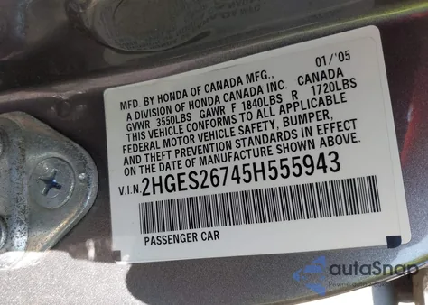 2005 Honda Civic Ex from USA, damaged, VIN 2HGES26745H555943